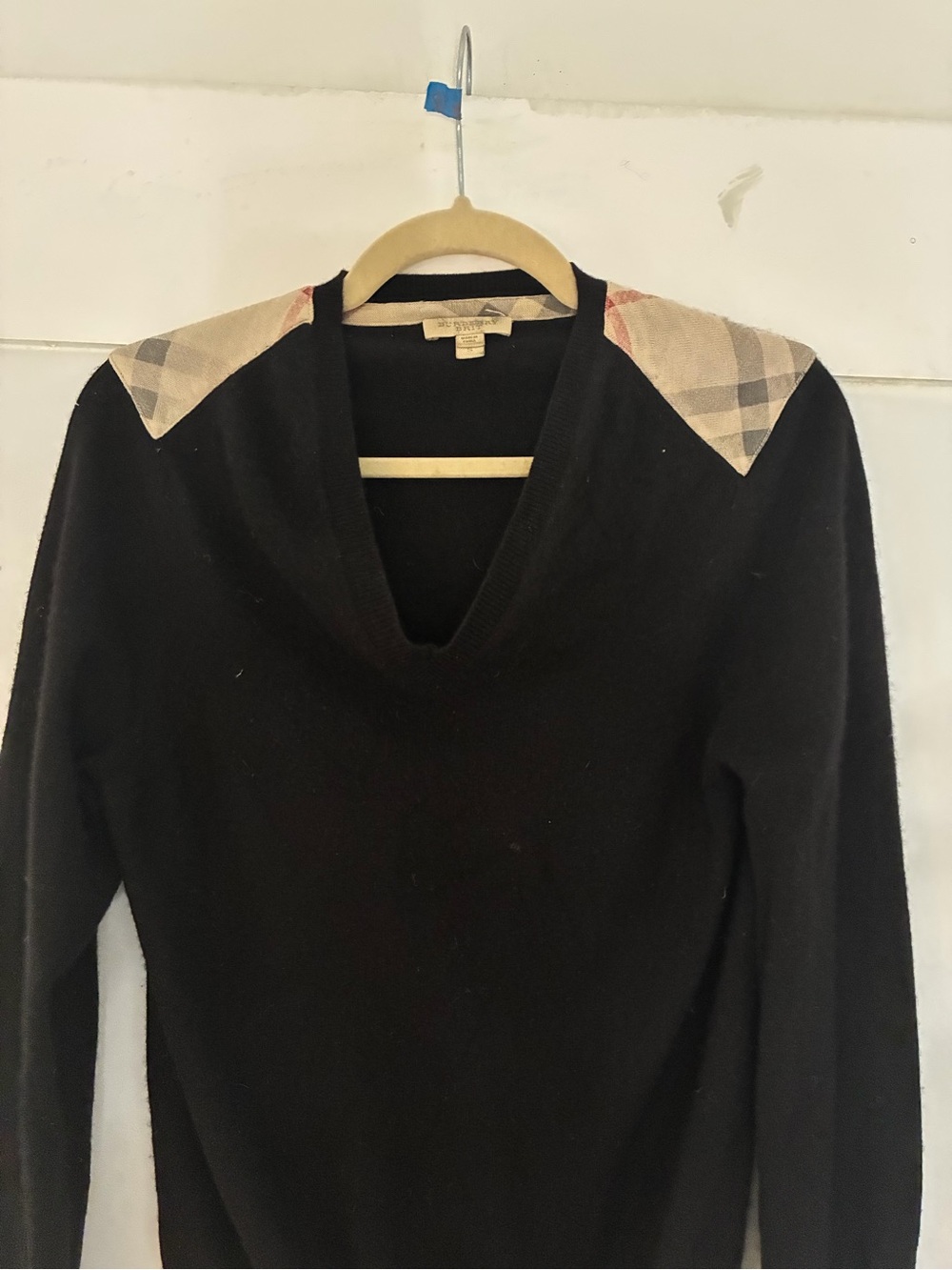 Burberry Cashmere Sweater with Beige Check Shoulder Accents as is